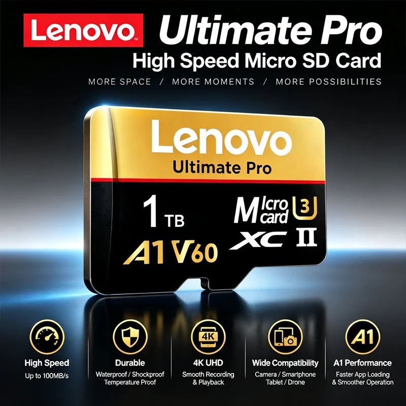 Scheda di memoria Micro SDXC TF Lenovo, alta velocità di trasferimento, UHS-I C10 U3, 64 GB, 128 GB, 256 GB, 512 GB, 1 TB, per PC, laptop e telecamere di sorveglianza.