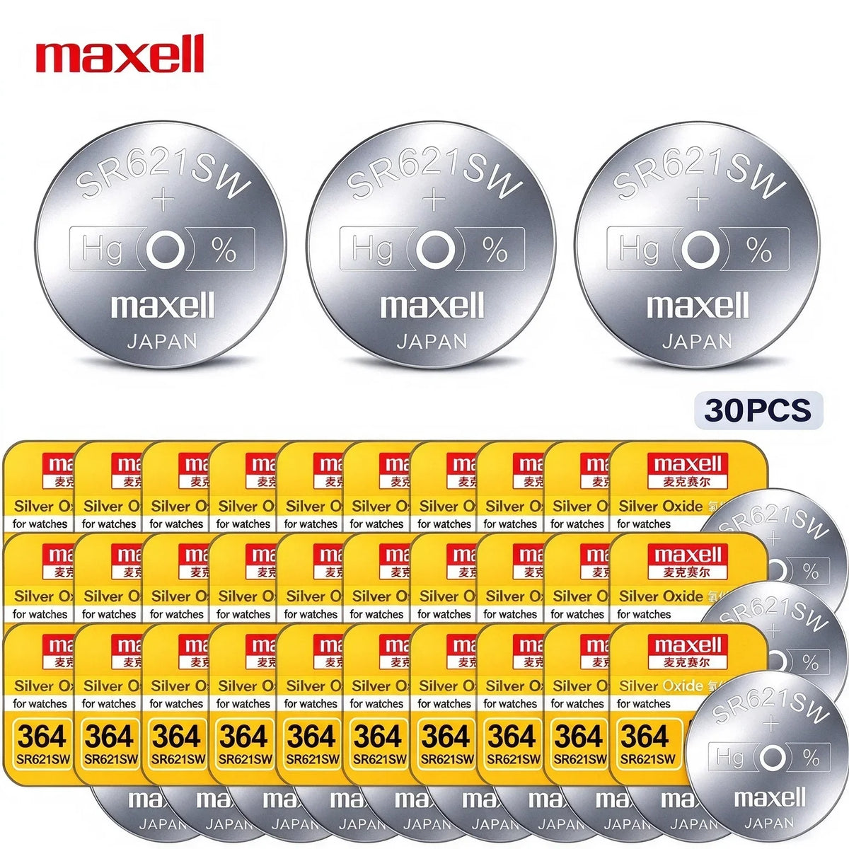 10-100PCS Batteria a bottone Maxell SR621SW 364 in ossido d'argento 1,55V AG1 LR621 per orologio da polso e orologio al quarzo