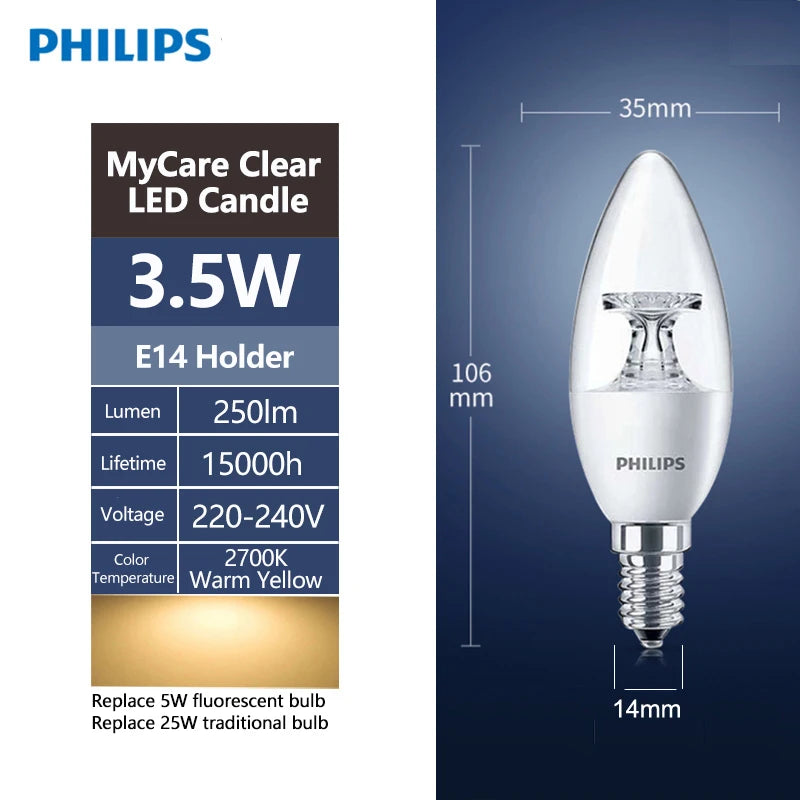 Philips LED Candela E14 Lampada 3.5W 5.5W B Lampadina MyCare 2700K Luce calda EyeComfort 220V-240V Lampada lampadario in cristallo LED trasparente, 1x