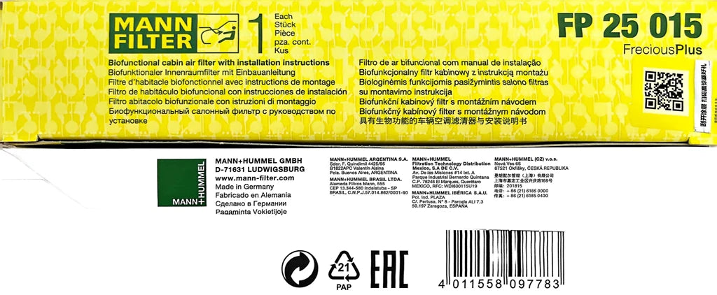 Filtro abitacolo MANN FILTER FreciousPlus FP25015 per TESLA MOTORS Model 3 Model Y Model Y L