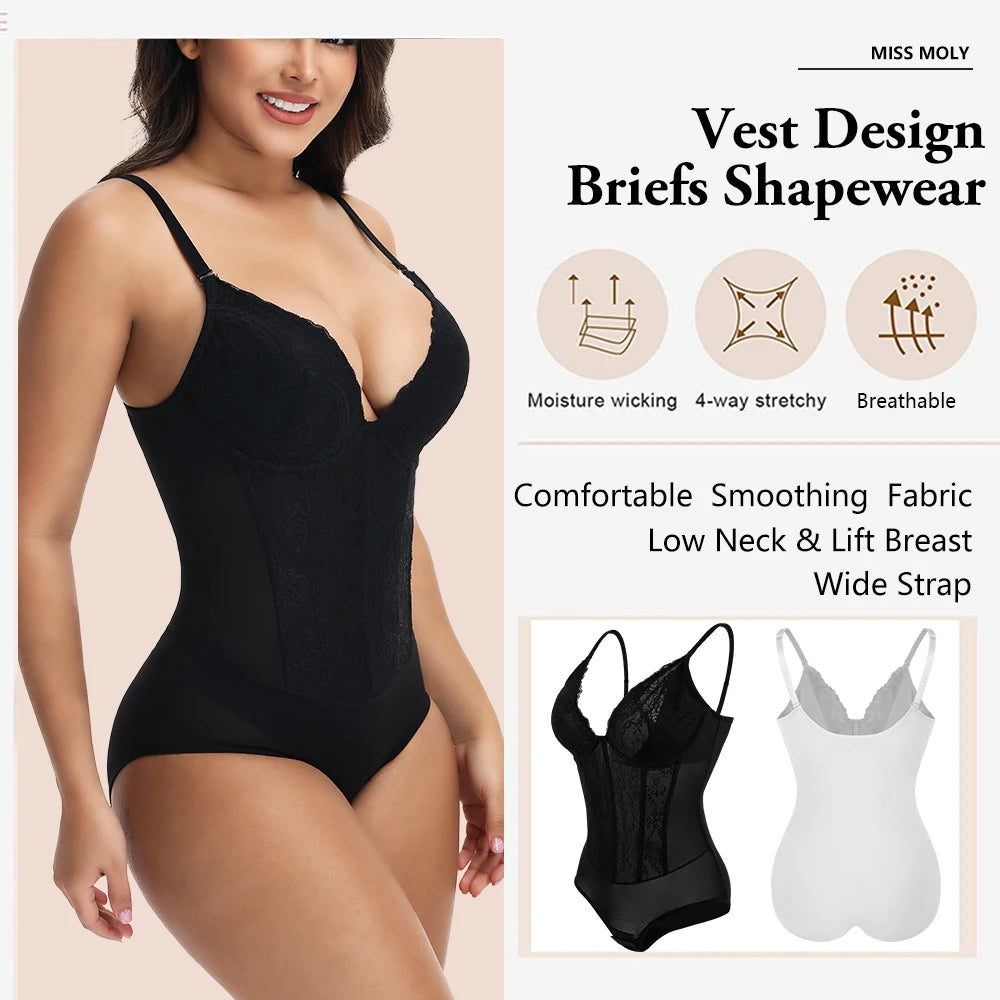 Body modellante in pizzo da donna con ferretto, controllo della pancia, modellante per tutto il corpo, corsetto con scollo a V, top, tuta, slip, lingerie, abbigliamento sexy