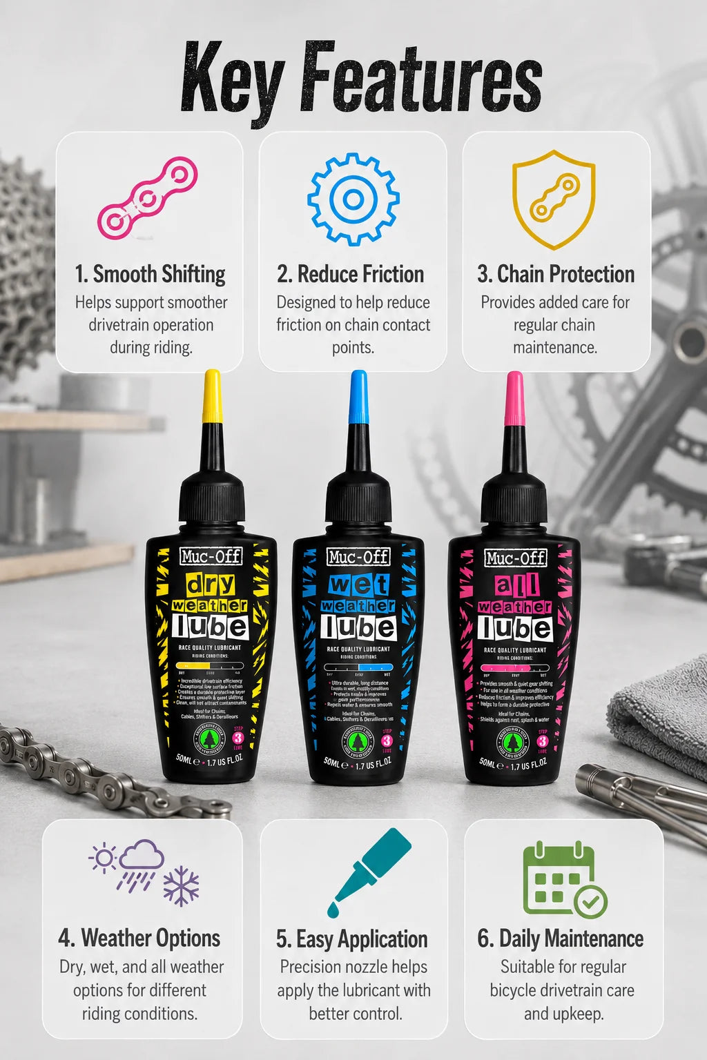 Lubrificante per Catene Muc-Off 50ml, per Uso a Secco o Bagnato, Adatto a Tutte le Condizioni Atmosferiche, Riduce l'Attrito e Garantisce Cambi Fluidi per Biciclette da Strada e MTB