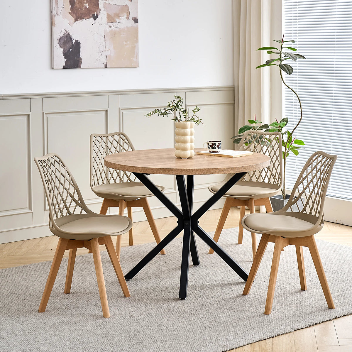 Set di 4/6 sedie da pranzo moderne con schienale in rete con gambe in legno massello e cuscini imbottiti, per sala da pranzo/camera da letto, sedia da caffè