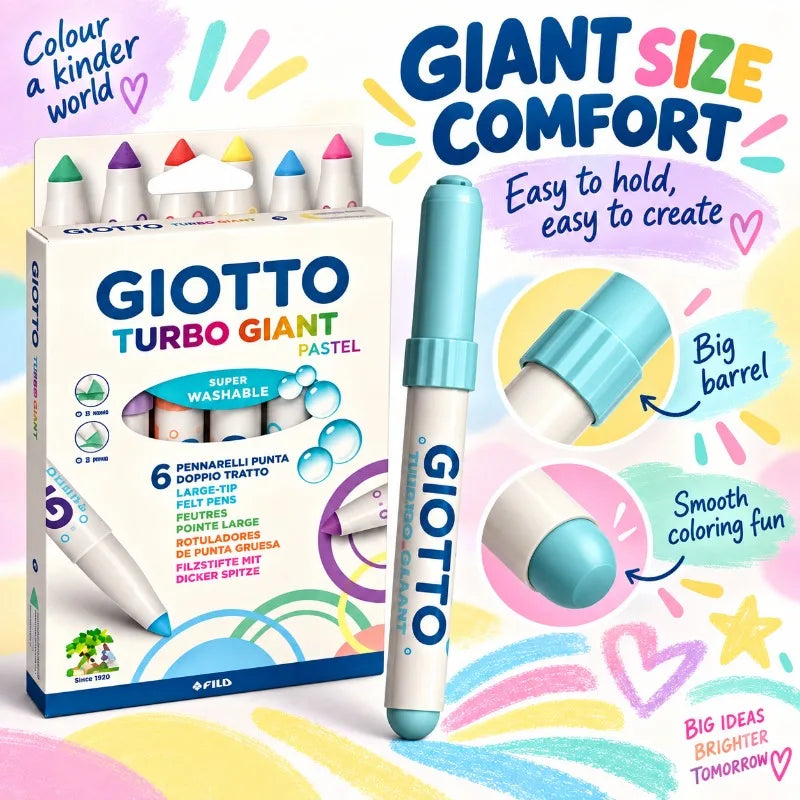 GIOTTO Set da 6 Pennarelli Pastello Turbo Giant Super Lavabili con Punta Larga in Feltro per Disegno, Colorazione, Progetti Artistici Scolastici per Bambini