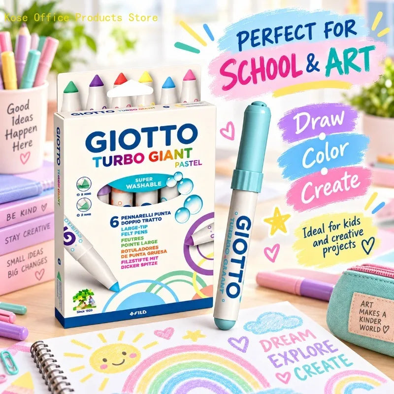 GIOTTO Set da 6 Pennarelli Pastello Turbo Giant Super Lavabili con Punta Larga in Feltro per Disegno, Colorazione, Progetti Artistici Scolastici per Bambini