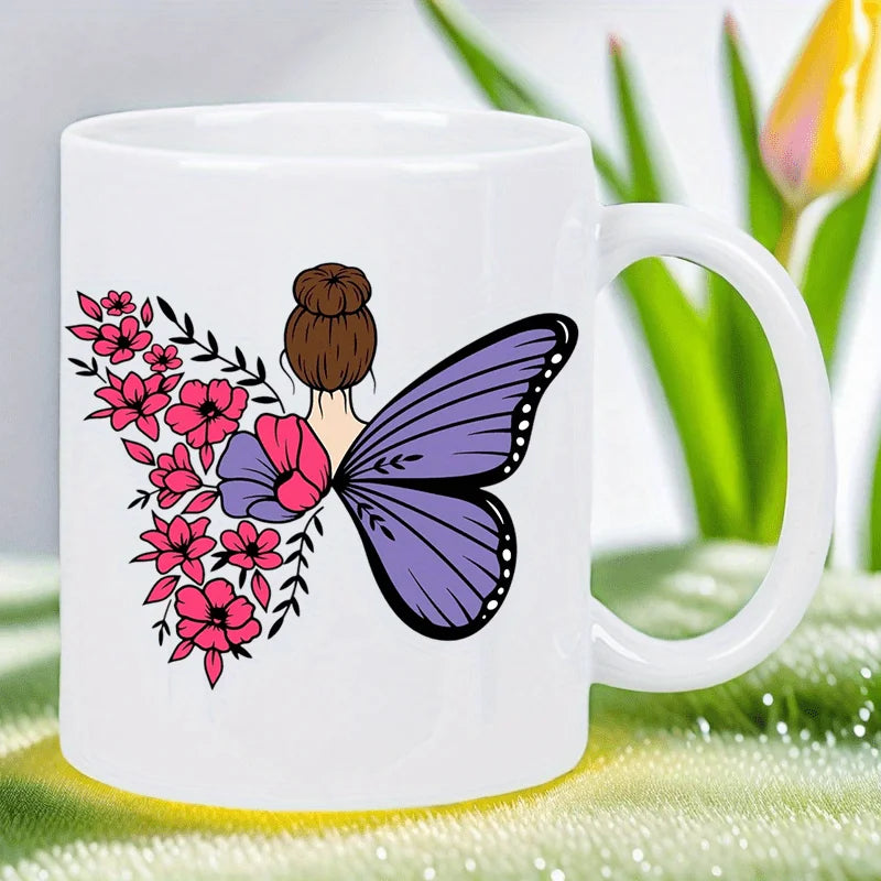 Tazza bianca in ceramica con farfalle e fiori - Perfetta per caffè mattutino, tè o cioccolata calda - Regalo unico per farfalla