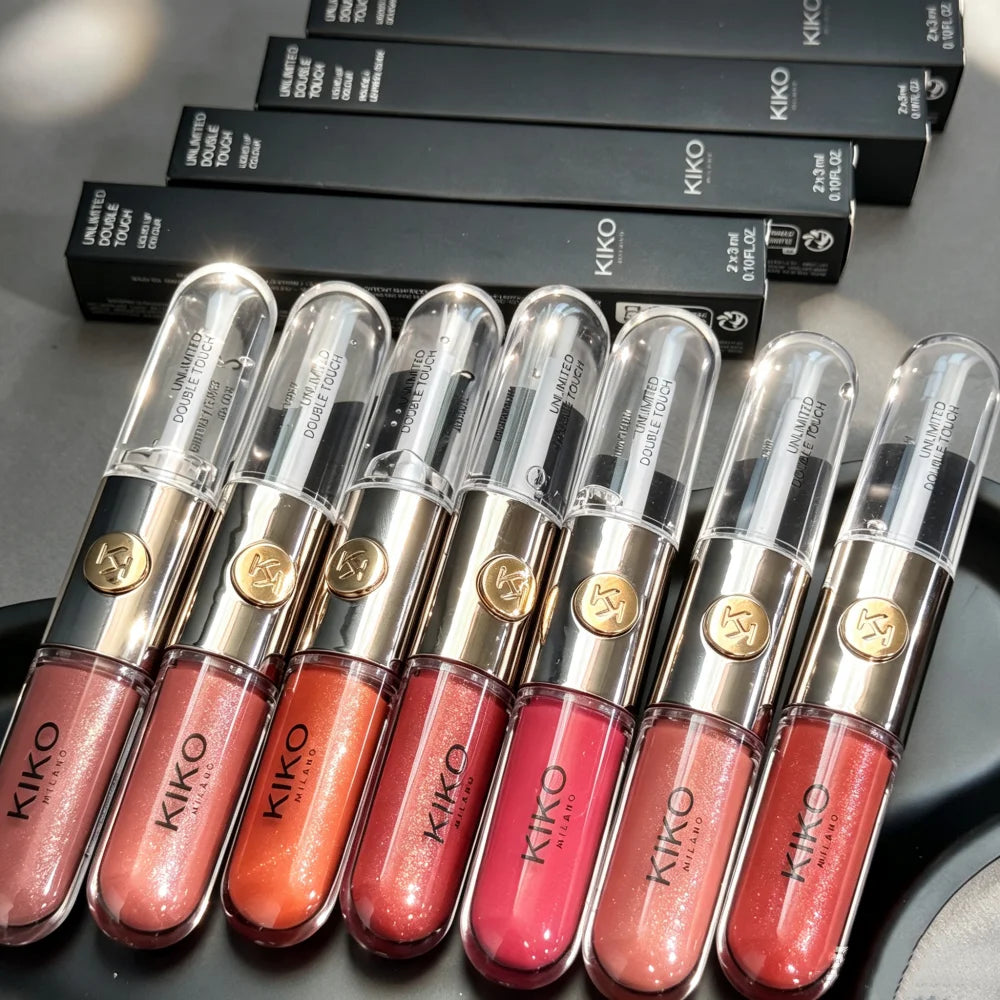 Rossetto a doppia punta Kiko, lucidalabbra effetto specchio trasparente, non sbiadisce, lucidalabbra opaco e vellutato, tinta latte e pasta di fagioli, trucco nude