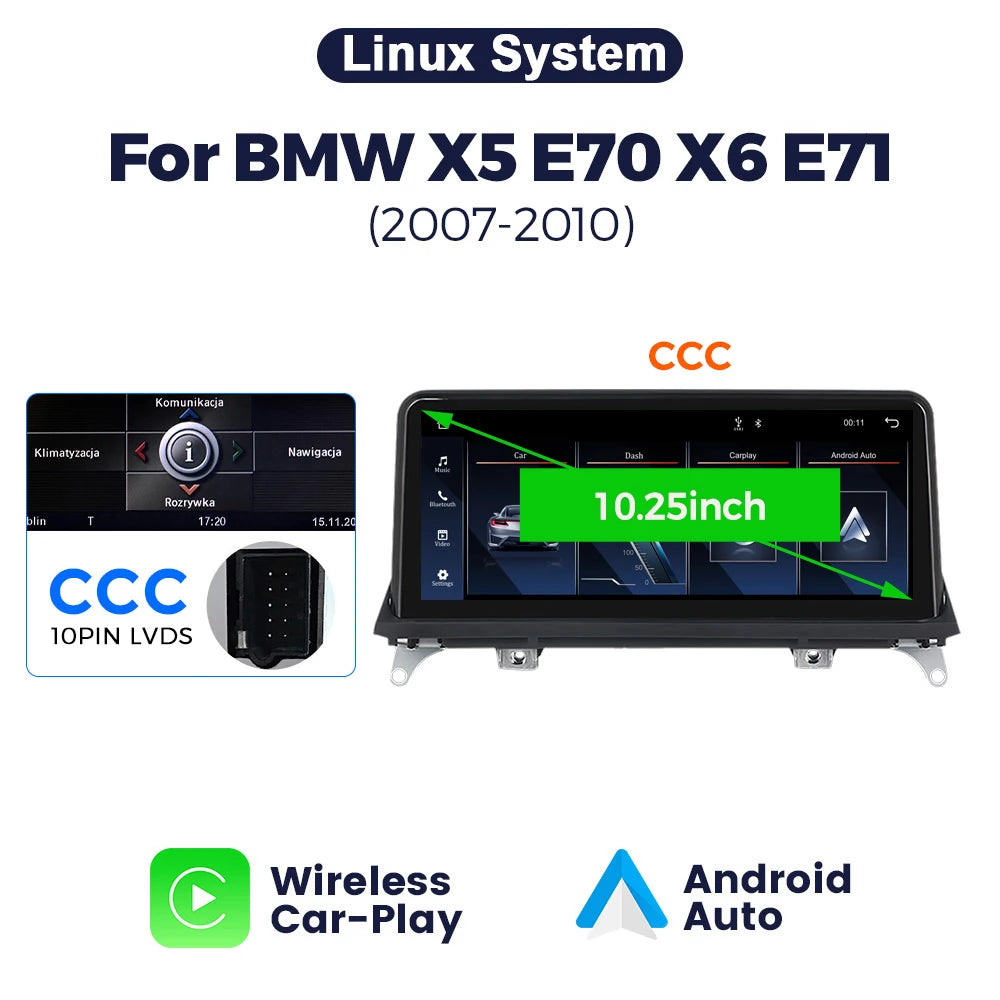 Sistema Multimediale Intelligente MEKEDE con CarPlay Wireless e Android Auto per BMW X5 E70 X6 E71, Schermo QLED da 10.25/12.3 Pollici, Android 14, CPU Snapdragon, Radio e Navigazione GPS per Auto