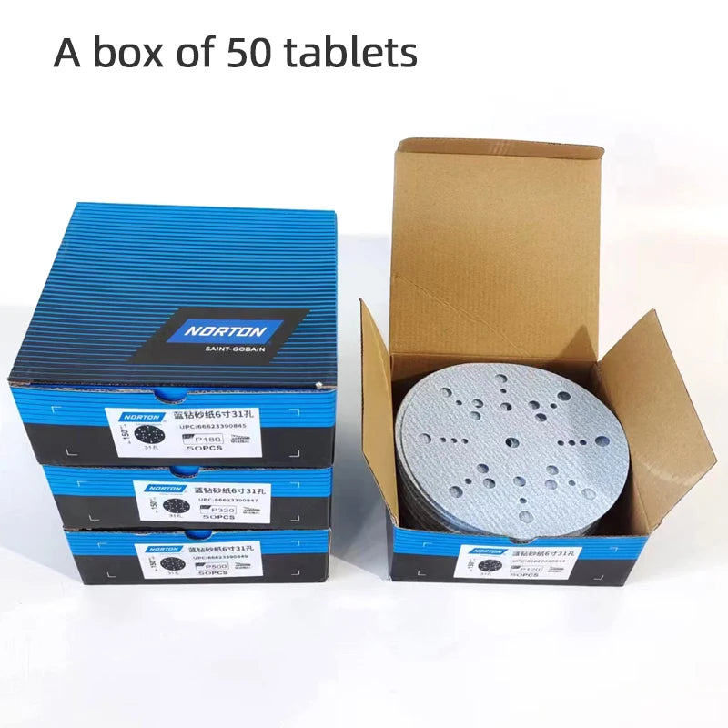 NORTON Carta Abrasiva Americana Blu 150mm con Fondo in Velluto Autoadesivo per Levigatura a Secco, Rotonda, 31 Fori, 6 Pollici per Settore Automobilistico