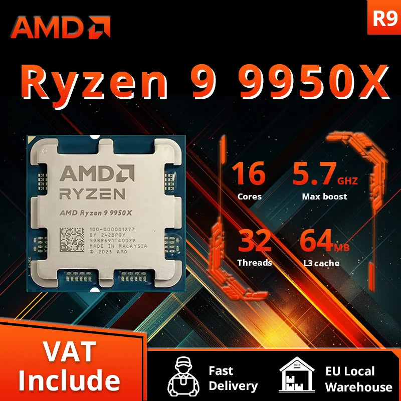 CPU Desktop AMD Ryzen 9 9950X 16-Core 32T 5.7GHz Max Boost 64MB L3 Cache Socket AM5 DDR5 170W TDP Serie 9000 Senza Ventola