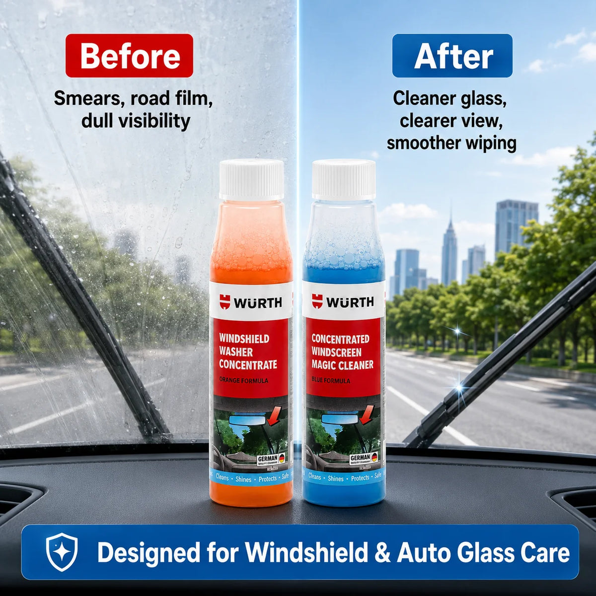 WURTH Detergente Concentrato per Parabrezza 1:100 Miscelazione Rapida Senza Aloni per Vetri Auto 32ml Arancione Blu