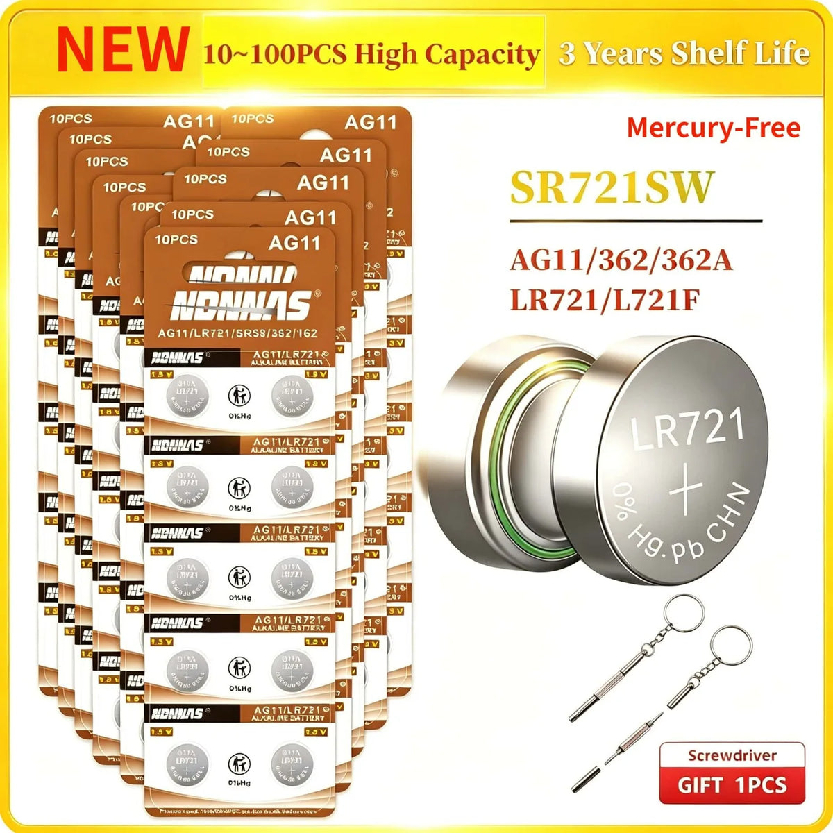 10-100 pz AG11 362 LR721 362A L721F SR721SW 1.55V batterie al litio protezione ambientale batteria a bottone per orologio
