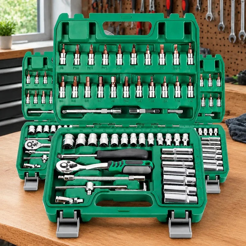 Kit di Riparazione Auto da 46 Pezzi con Attrezzi a Cricchetto Verdi per Manutenzione Veicoli