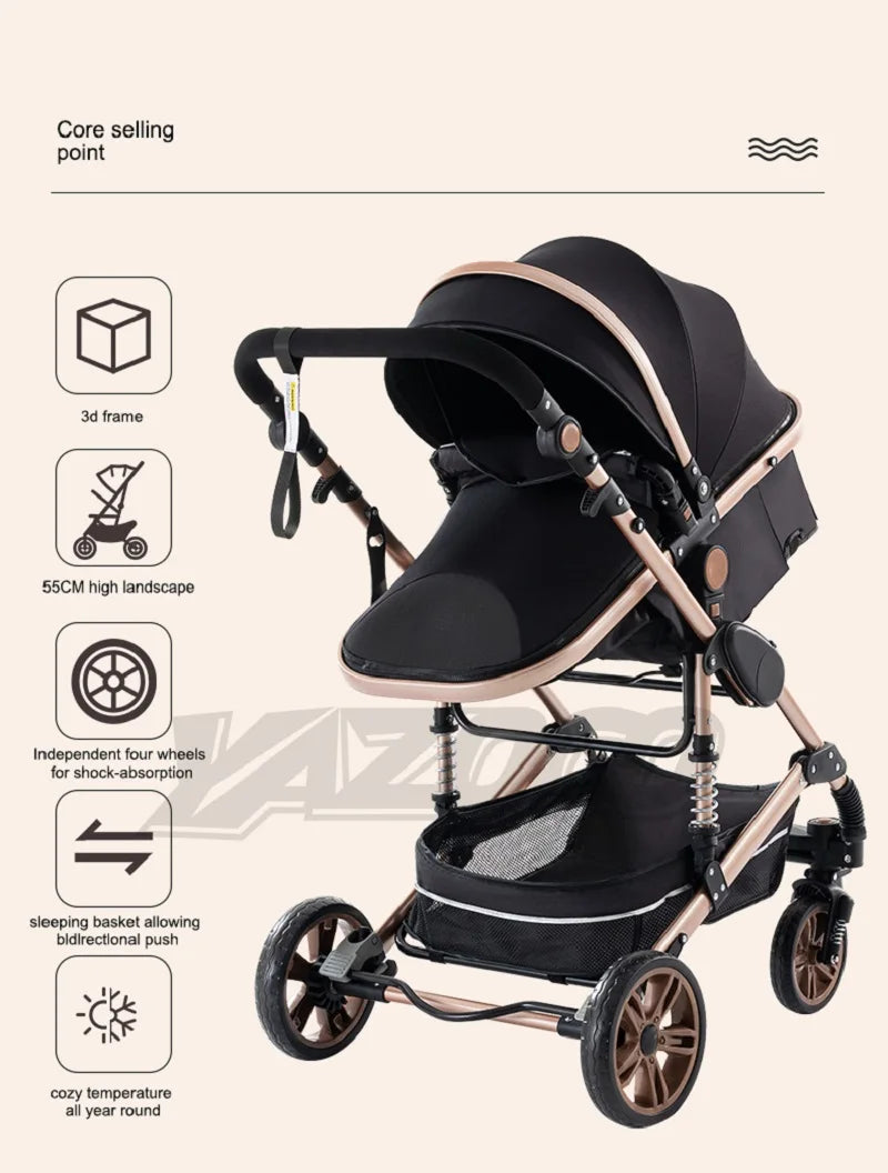 Passeggino 3 in 1 Facile da piegare Telaio in alluminio ad alto paesaggio Passeggino neonato con ruota in gomma per assorbimento degli urti a quattro ruote