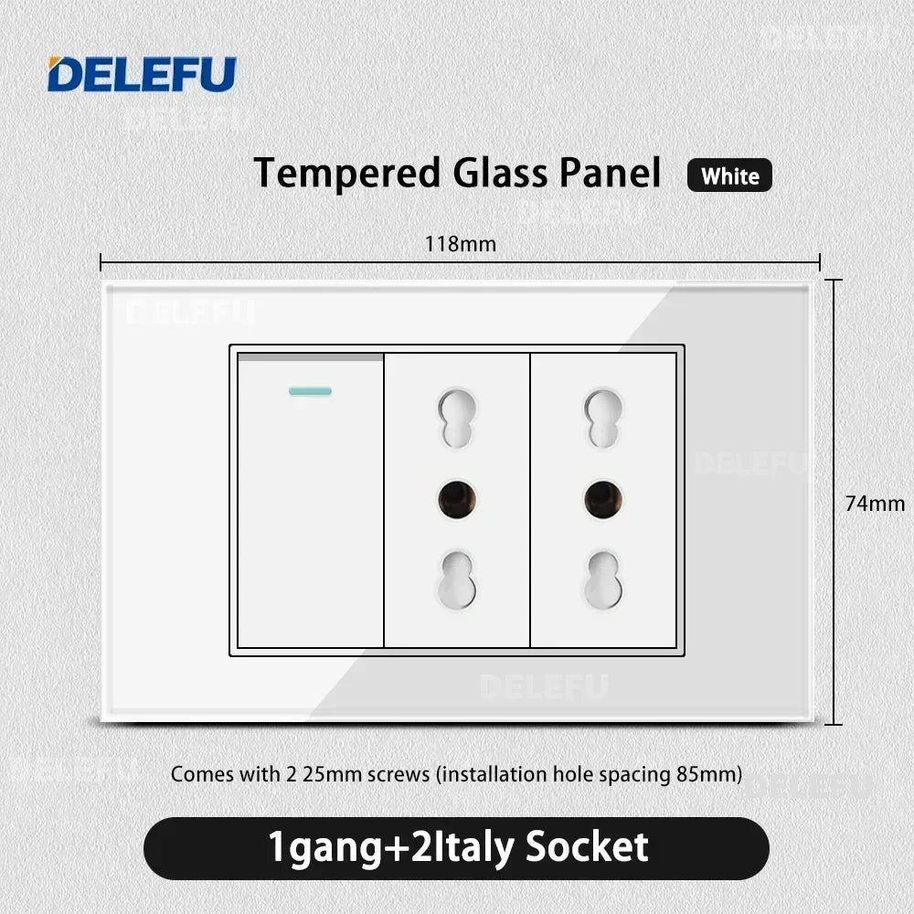 DELEFU Presa a Muro in Vetro Temperato Bianco Italia USB Tipo C Ricarica Rapida Interruttore Schuko TV Satellitare Citofono Cile