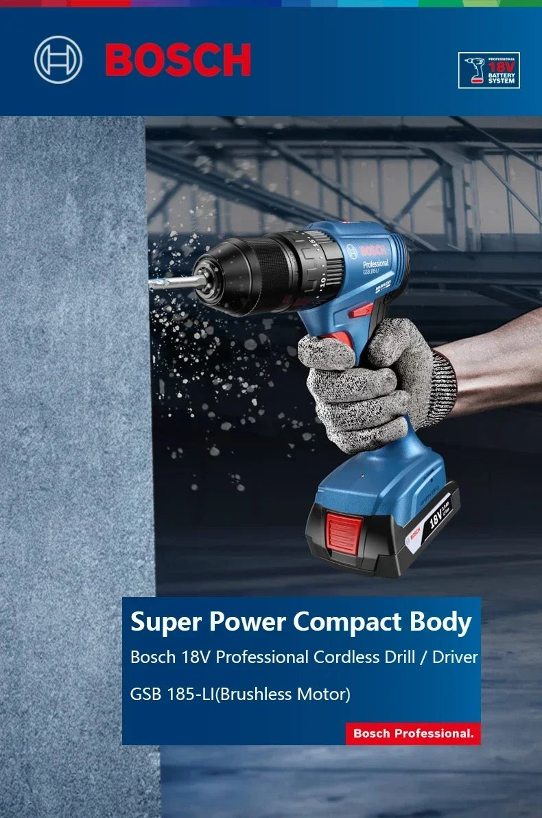 Trapano avvitatore a impulsi senza fili Bosch GSB 185-LI 18V, motore brushless, 1900 giri/min, cacciavite elettrico multifunzione, utensili elettrici (senza batteria)