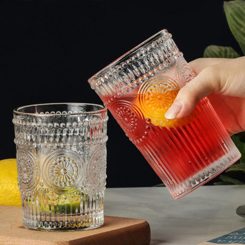 4 pz/2 pz/1 pz stile nordico tazza di acqua di girasole 300ml/350ml Retro Relief tazza di vetro francese bevanda fredda tazze trasparente tazza di succo