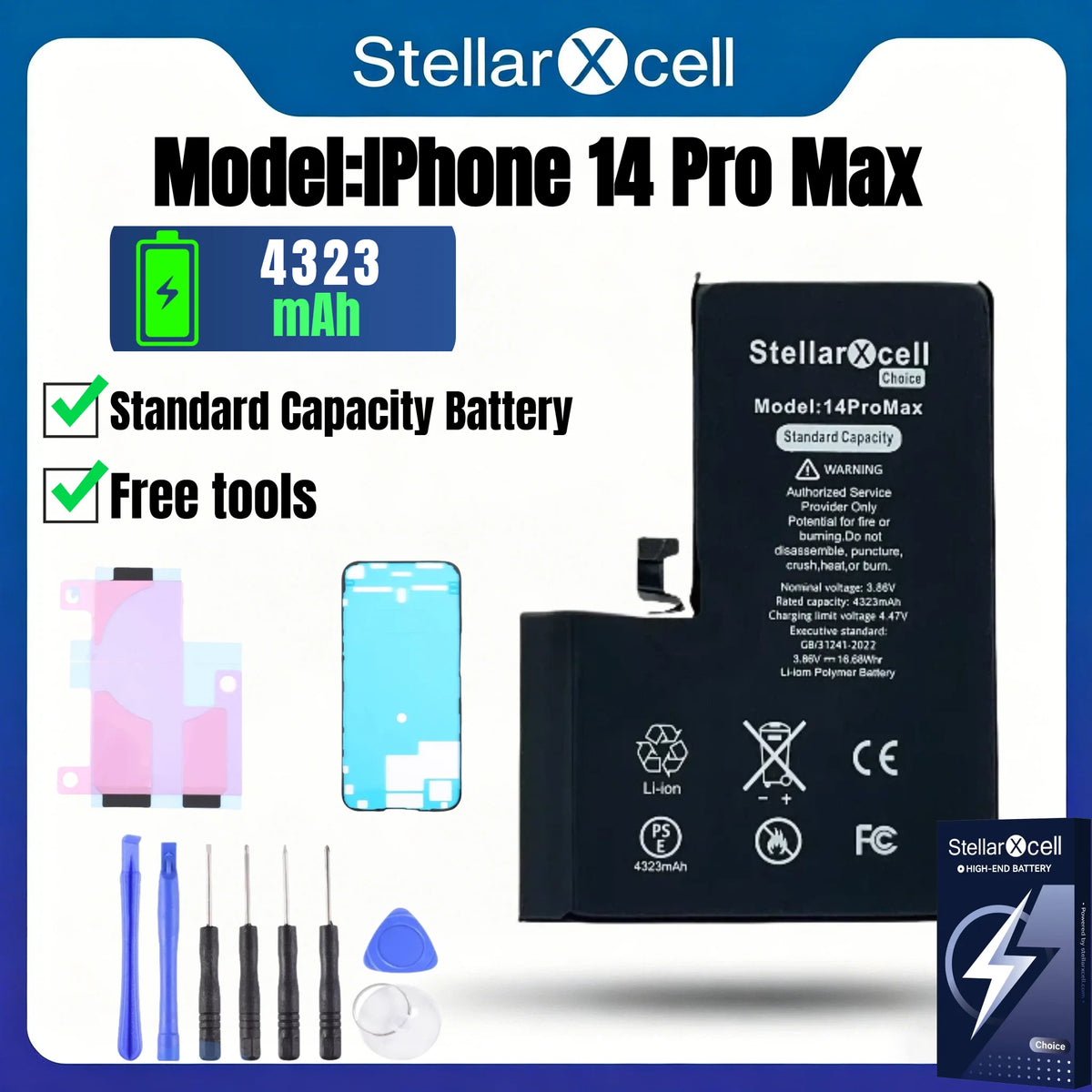Batteria per iPhone, per iPhone 14 14Pro 14ProMax, Batteria di Capacità Standard, Batteria di Qualità Standard, Sostituzione Batteria iPhone con Strumenti Gratuiti, 0 Cicli, Mostra il 100% della Salute della Batteria