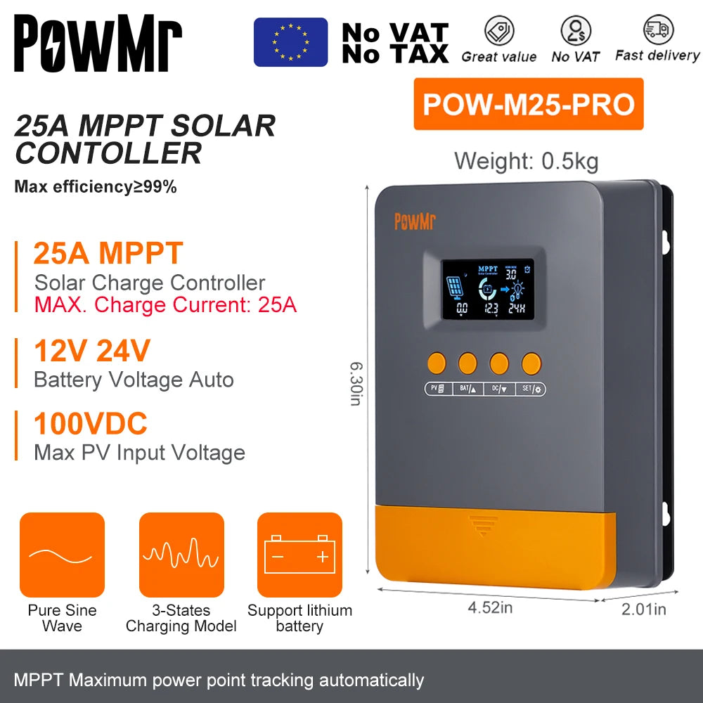 PowMr EU MPPT 45A 35A 25A Regolatore di carica solare 12V 24V Auto 100V Regolatore di pannello Regolatore Piombo-acido/Batteria al litio