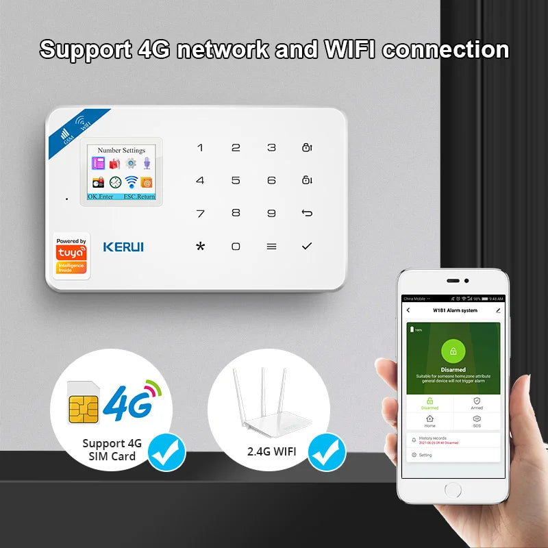 KERUI W184 Tuya Smart 4G Sistema di Allarme Wireless WIFI GSM Allarme Rilevatore di Movimento Sensore Porta Antifurto Supporto Alexa e Google
