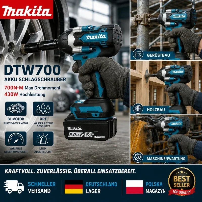 Avvitatore a impulsi Makita DTW700 18V senza fili, brushless, 700 Nm, professionale, con attacco quadrato da 1/2 pollice, velocità variabile, Auto-Stop, compatibile con batterie Makita LXT BL1830 BL1840 BL1850 BL1860B - Maga