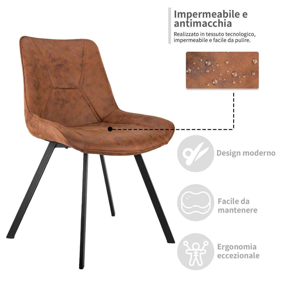 Set di 2 sedie da pranzo moderne in ecopelle con gambe in metallo marrone, per ufficio/soggiorno, 75 × 45 × 57 cm