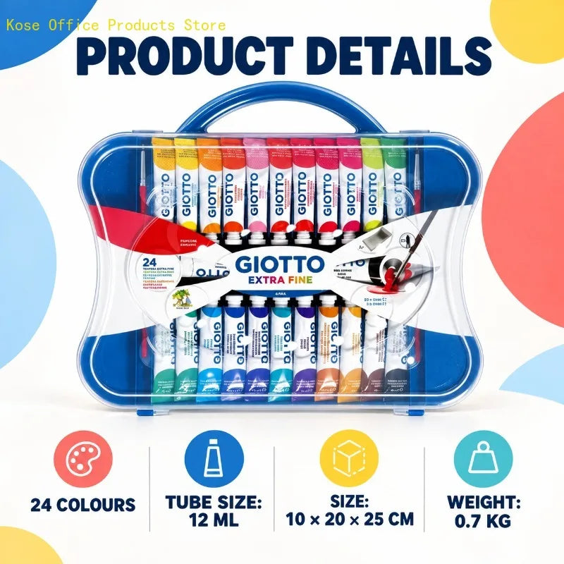 Set di colori a tempera GIOTTO, 24 colori, tubetti da 12 ml, pennello extra fine, con custodia riutilizzabile per il trasporto, ideale per dipingere, miscelare i colori, per l’uso in classe e per attività artistiche domest