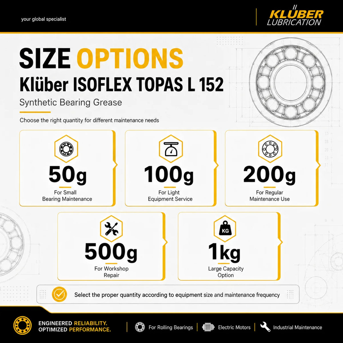 Grasso Sintetico Originale Kluber ISOFLEX TOPAS L 152 NLGI 2 Lubrificante per Cuscinetti di Motori Elettrici per Ampie Temperature