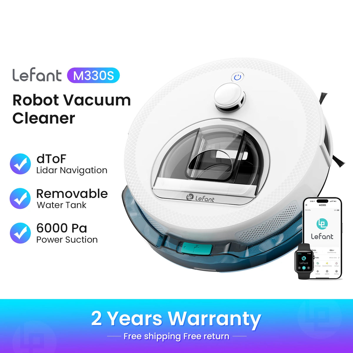 LEFANT M330 Pro M330S Robot aspirapolvere con mappatura, navigazione dToF, sistema di prevenzione ostacoli PSD, aspirazione 5000Pa, Alexa/APP/WiFi