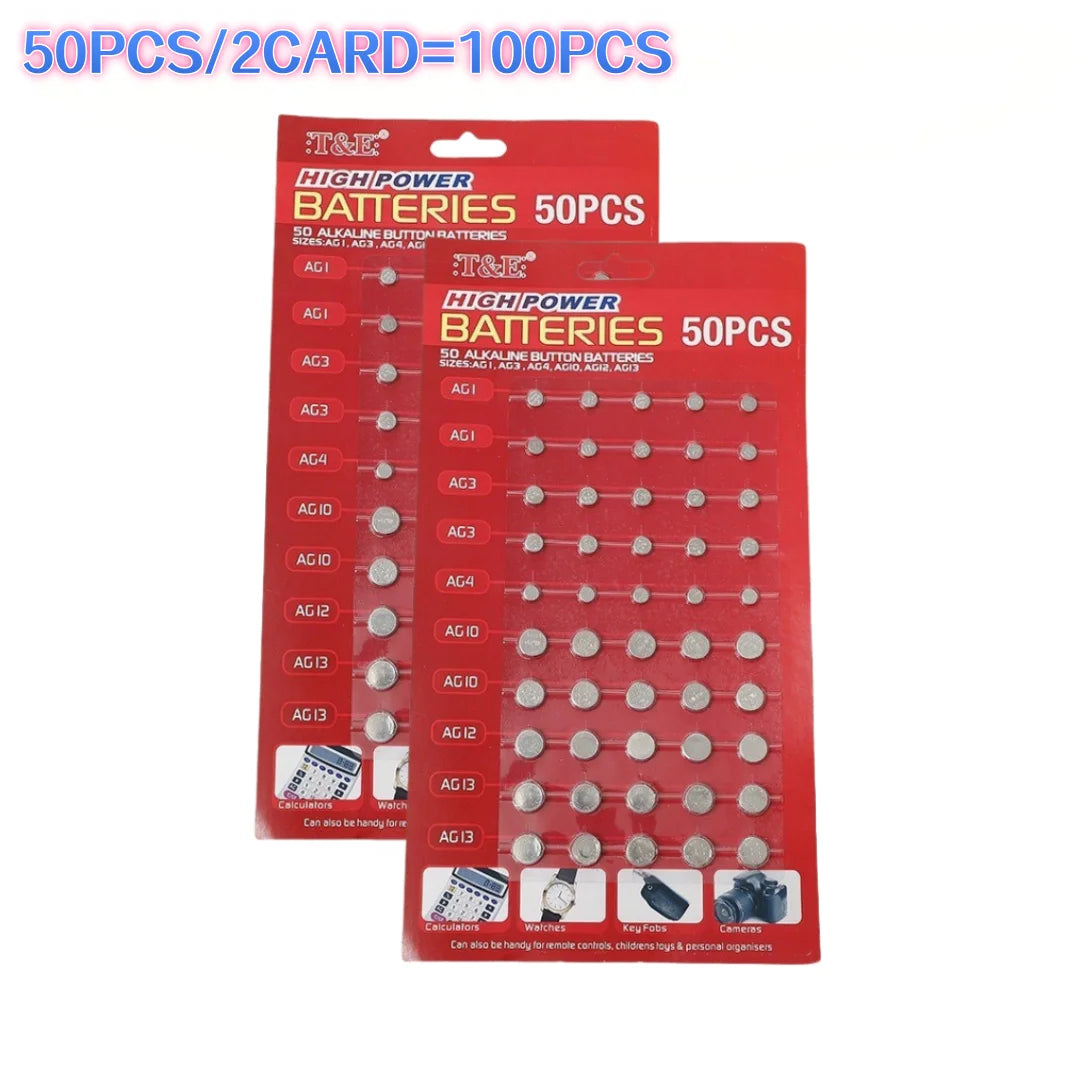 50 Pezzi Batterie a Bottone 1.55V AG13 LR44 L AG1 AG3 AG4 AG10 AG12 SR44 A76 LR1154 GP7 per Orologi, Giocattoli e Telecomandi