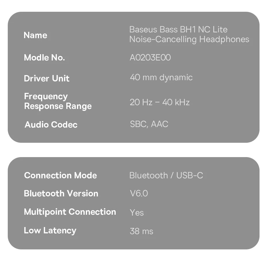 Cuffie Wireless ANC Baseus 80H, Auricolari Over-Ear con 95% di Cancellazione del Rumore, Cuffie Bluetooth 6.0 BH1 NC LITE