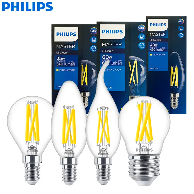 Philips Master Vetro LED Candela Lustro E14 E27 Lampadina Filamento B35 P45 A60 Lampada trasparente DimTone Dimimmable Luce bianca calda per interni