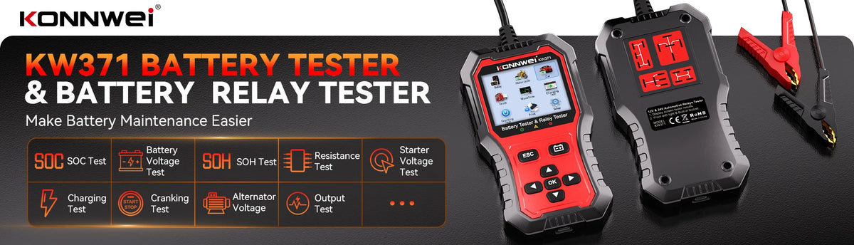 Tester Batteria Auto 2in1 KONNWEI KW371 2026 e Tester Relè a 4 Pin 5 Pin 6V 12V 24V con Stampa Dati Guasto, Test Avvio e Strumento di Scansione Ricarica