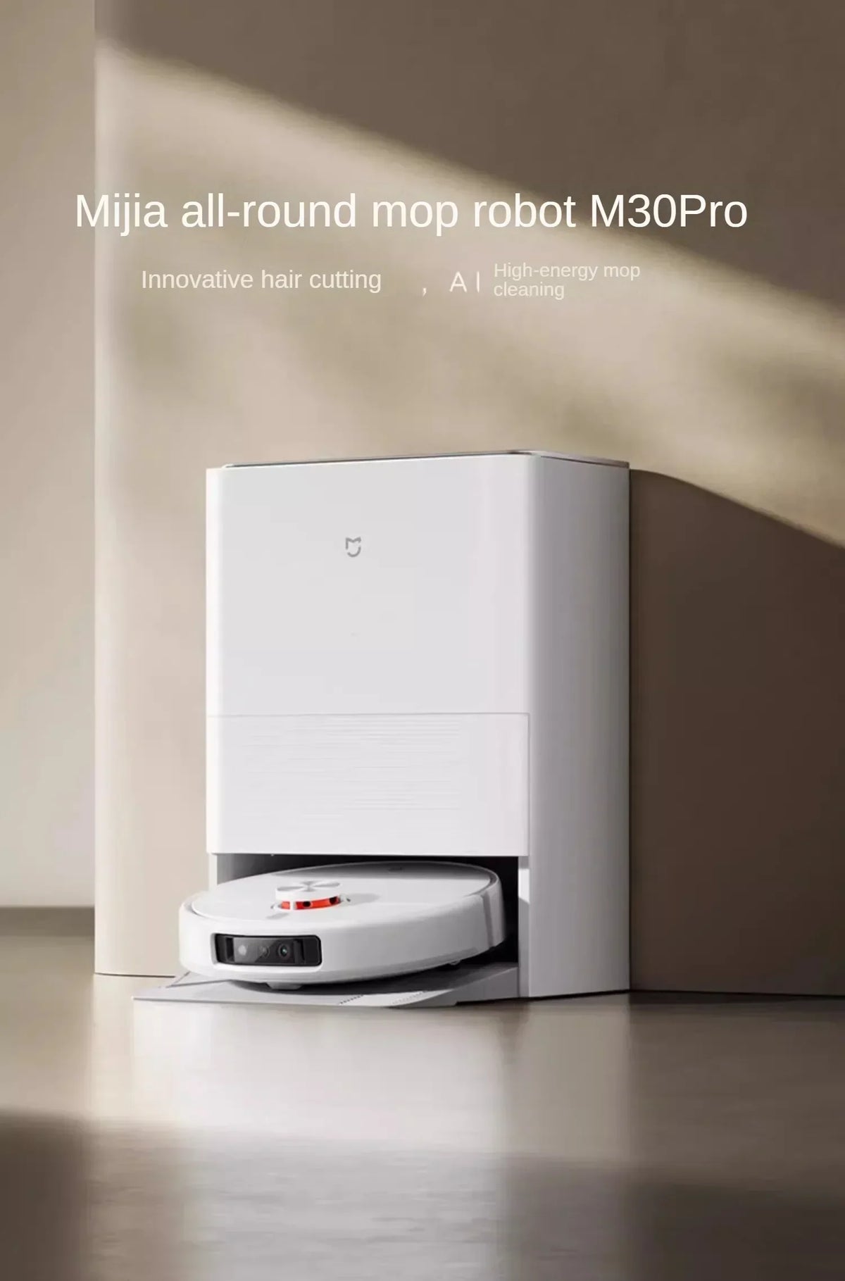 Nuovo robot aspirapolvere Xiaomi Mijia M30 Pro, potente e multifunzione, con funzione di taglio dei capelli integrata e sistema anti-groviglio.