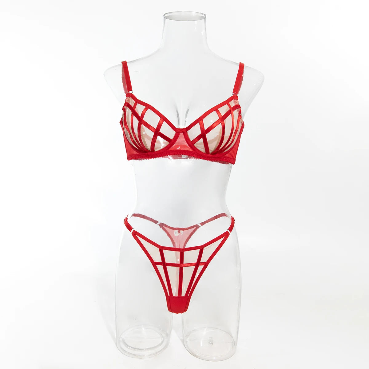 Saldi di liquidazione: Completi intimo sexy a quadri irregolari, 2 pezzi, con inserti in rete trasparente, reggiseni e perizomi, abiti erotici intimi