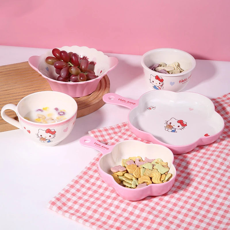 WUHE Set di Stoviglie per Bambini Hello Kitty, Ciotole e Piatti in Melamina, Design Cartoon per Ragazze, Senza BPA, Infrangibile, Lavabile in Lavastoviglie