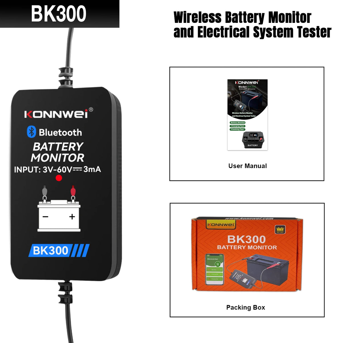KONNWEI BK300 Tester Bluetooth per Batterie Auto 6V/12V/24V con App Mobile per Auto, Camper, Moto, Camion e Barche