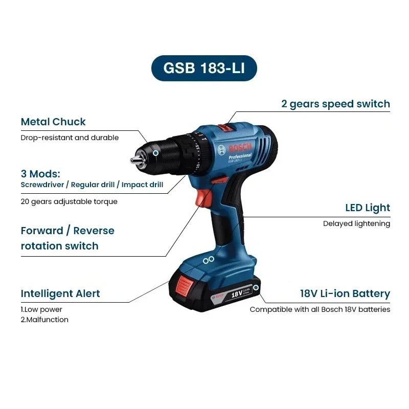 Trapano avvitatore a impulsi senza fili Bosch GSB183-LI 18V, avvitatore elettrico ad alta coppia per legno, metallo, muratura, utensile elettrico per il fai-da-te