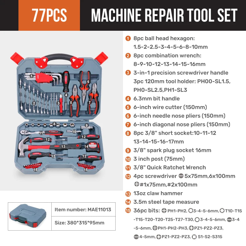 Kit di attrezzi per la riparazione auto di alta qualità, set di chiavi a bussola 1/2, 3/8, 1/4, set di utensili manuali per uso quotidiano, set di chiavi a bussola per riparazioni e manutenzione domestica, set di chiavi a cr