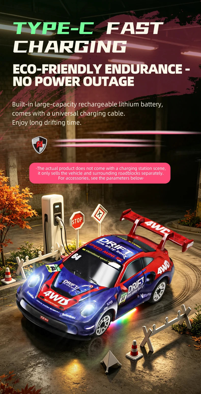 Auto RC da Drift ad Alta Velocità 1/64 con Luci, Auto Telecomandata 4WD 2.4G, Mini Auto da Corsa da Scrivania, Modellino in Scala, Giocattolo Regalo per Ragazzi