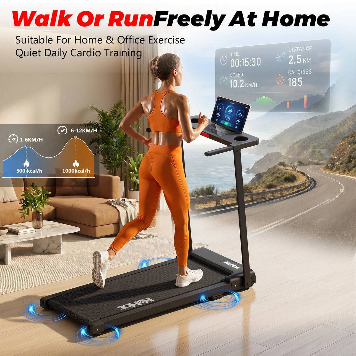 Tapis Roulant Pieghevole 2-in-1 con Controllo APP e Altoparlante Bluetooth, Macchina per Camminare e Correre a Casa 1-12km/h, Motore da 2.0HP di Potenza Massima, Display LED, 12 Programmi Preimpostati, Attrezzatura Fitness Pi