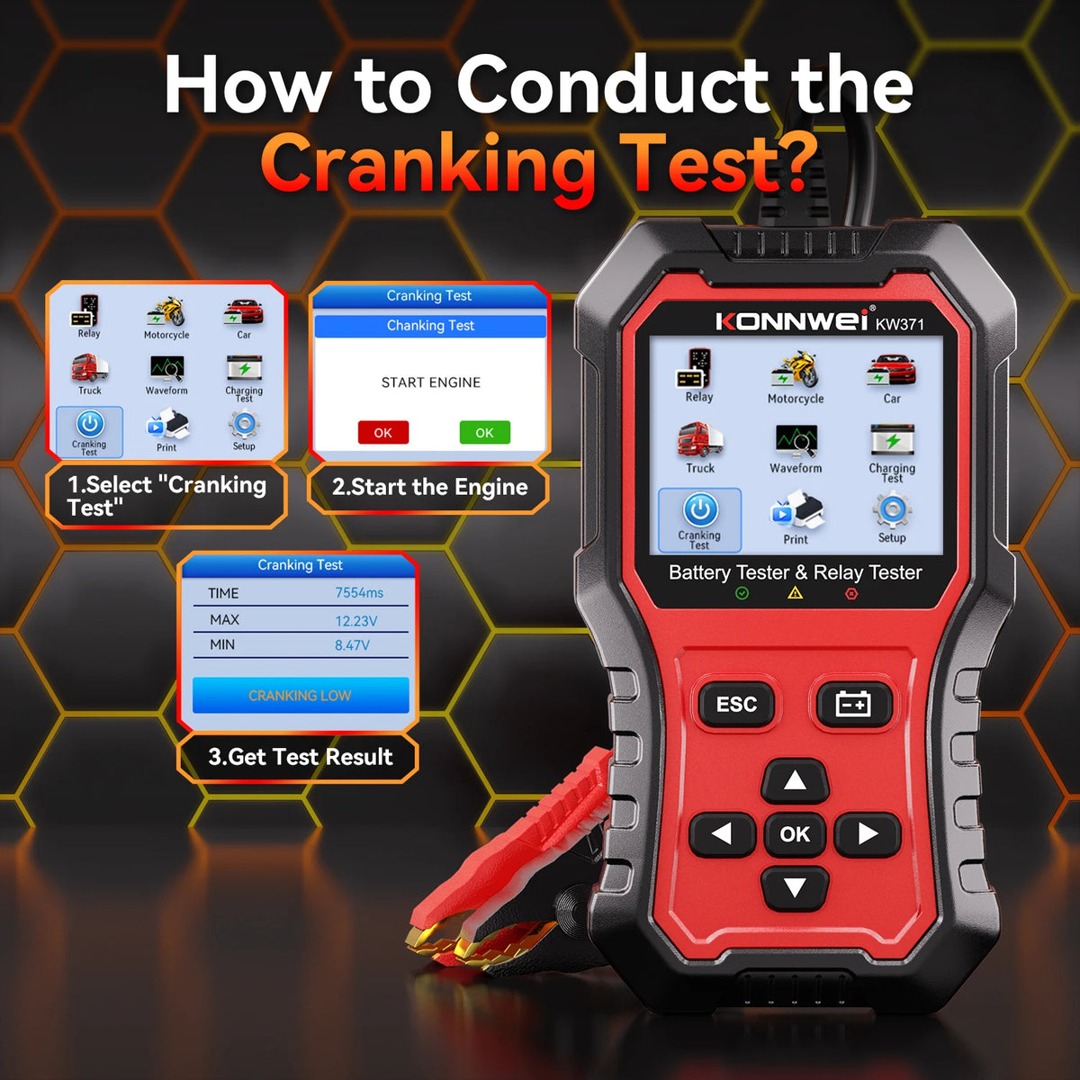 Tester Batteria Auto 2in1 KONNWEI KW371 2026 e Tester Relè a 4 Pin 5 Pin 6V 12V 24V con Stampa Dati Guasto, Test Avvio e Strumento di Scansione Ricarica