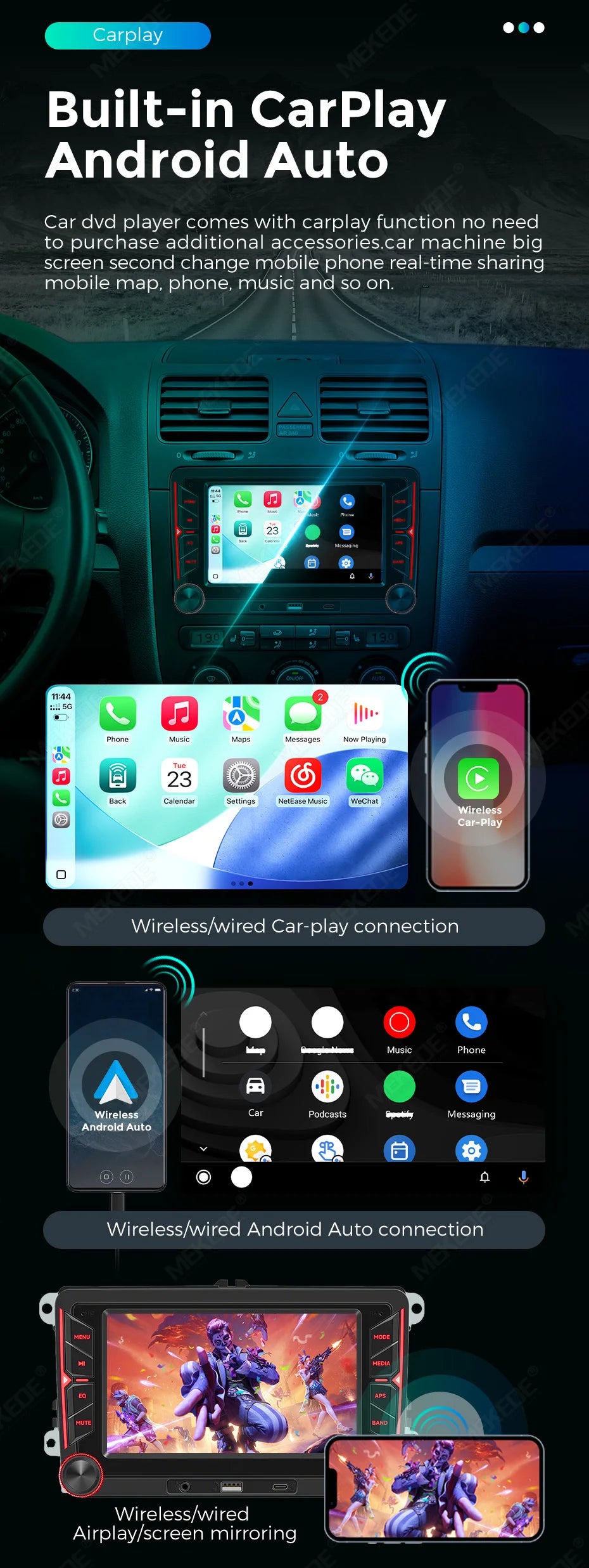 MEKEDE Sistema Multimediale con Navigazione GPS, CarPlay Wireless e Android Auto da 7/9 pollici per Volkswagen Passat B6 B7 Golf 5 6 Polo CC T5 SEAT Altea Toledo Leon Skoda Combi Yeti Superb