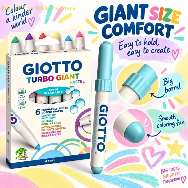 GIOTTO Set da 6 Pennarelli Pastello Turbo Giant Super Lavabili con Punta Larga in Feltro per Disegno, Colorazione, Progetti Artistici Scolastici per Bambini