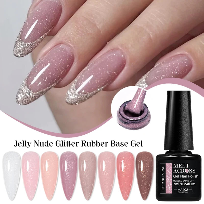 MEET ACROSS 7ml Gelatina Nuda Shimmer Base in gomma Gel Glitter Rosa Viola UV/LED Nail Art Vernis Gel Smalto per manicure Unghie FAI DA TE