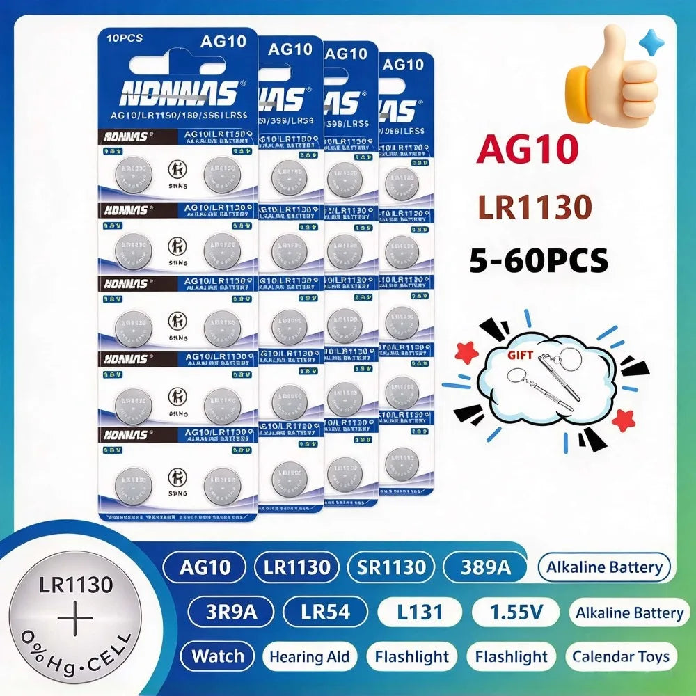 Batteria a bottone AG10 LR1130 LR 1130 SR1130 389A LR54 L1131 per batterie alcaline, orologi, apparecchi acustici, torce, calendari, giocattoli 1.55V