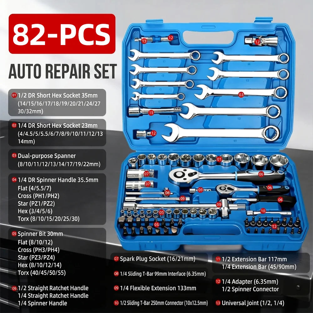 Set di Chiavi a Bussola da 53/82/108/151 Pezzi con Attacco da 1/4", 3/8", 1/2" e Kit di Punte a Cricchetto per Riparazione Auto e Moto, Utensili Manuali da Meccanico con Valigetta