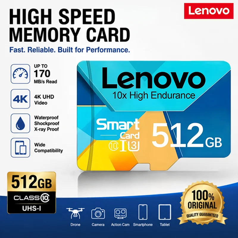 Scheda Micro SD ad alta velocità Lenovo, 1 TB, 512 GB, 256 GB, scheda di memoria TF, classe 10, U3, ad alta velocità, per dash cam, telecamere di sicurezza, droni e telefoni.