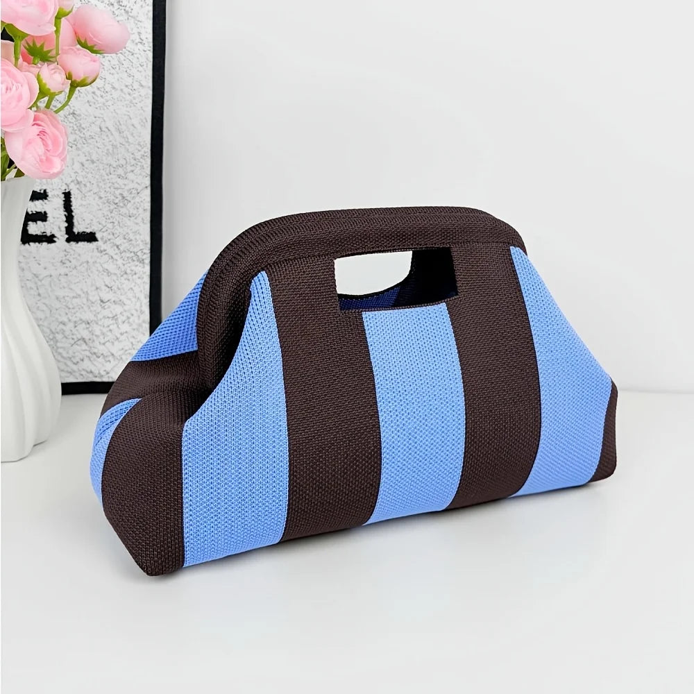 Nuova borsa intrecciata traforata a righe, borsa a mano in maglia, versatile borsa portatile per cosmetici