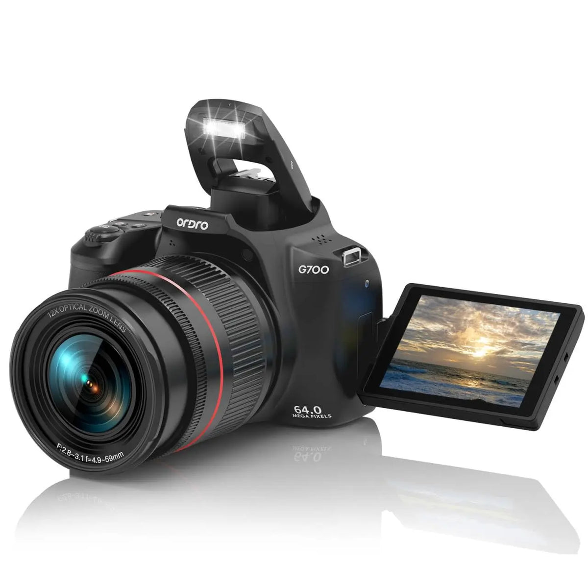 Ordro 4K Fotocamera digitale 12x Zoom ottico Videocamera per fotografia Messa a fuoco automatica 2024 Nuovo Vlog Camara Flash LED integrato